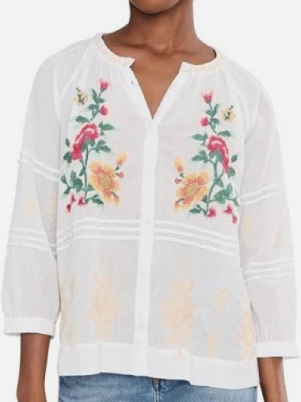 Sz L Johnny Was Sunnie Cotton embroidered peasant blouse